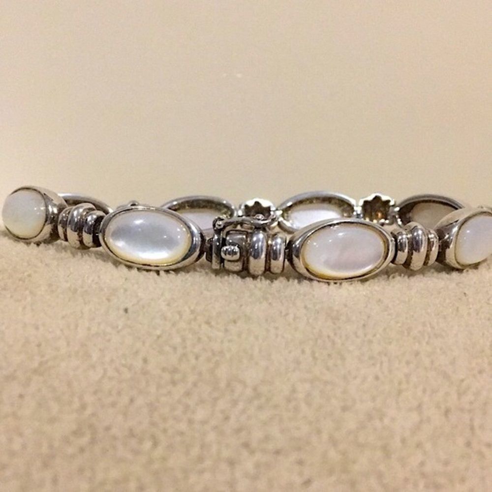 Vintage Mother of Pearl Cabochon Sterling Silver 925 Bracelet - Picture 2 of 12